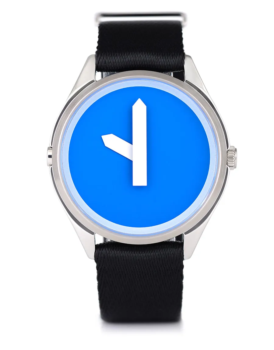 Mr Jones M1, motorway-sign blue dial with white arrow hands, steel case on black seat-belt strap, front view