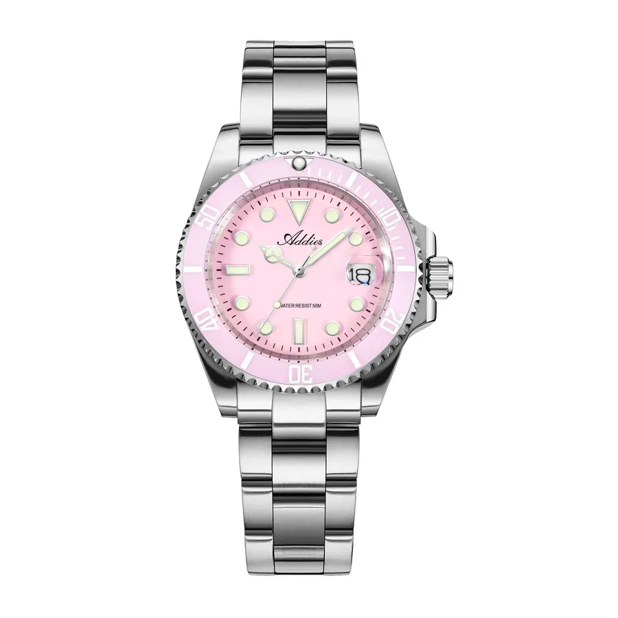 Addies AW25902 with pink dial, pink ceramic dive bezel, Mercedes hands and three-link steel bracelet