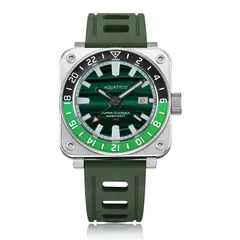 Aquatico Steel Man GMT with malachite dial and green and black bezel, on green rubber strap