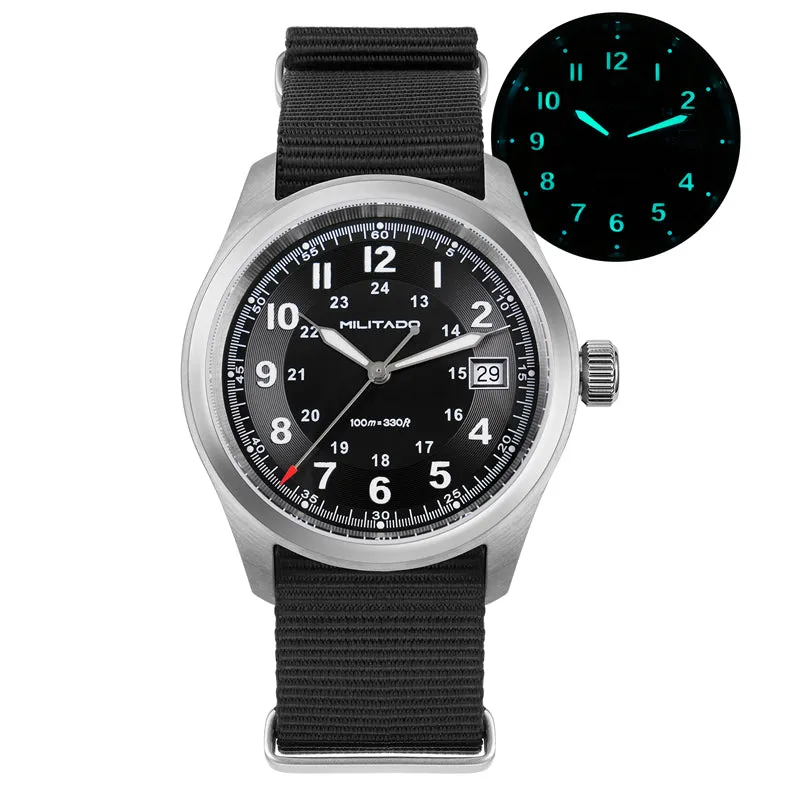 Militado ML08 (Ronda 515) with black field dial and date at 3 on black nylon strap