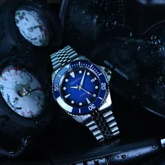 Aquatico Ocean Diver with blue sunburst dial and blue bezel