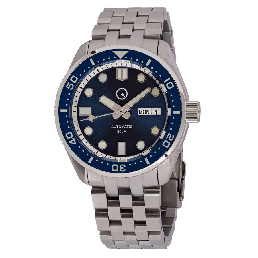 Islander Help Me Build This First Edition diver with blue sunburst dial and blue ceramic bezel on steel bracelet