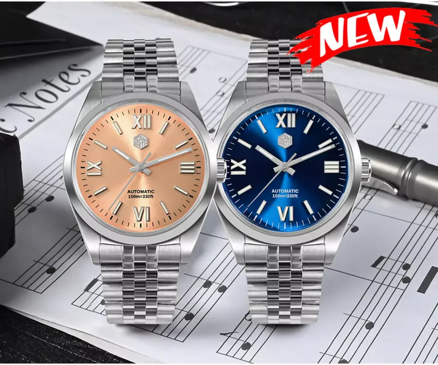 San Martin SN050-G 38.5mm dress watches with salmon and blue sunray Roman numeral dials on five-link bracelets