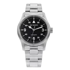 San Martin SN034-G-B1 with matte black dial, triangle at 12 and minute track, on steel bracelet