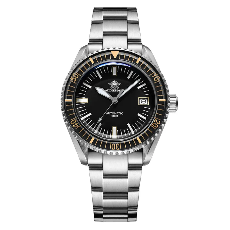 Addiesdive AD2058 with black dial and black-and-cream 60-minute bezel on a three-link steel bracelet