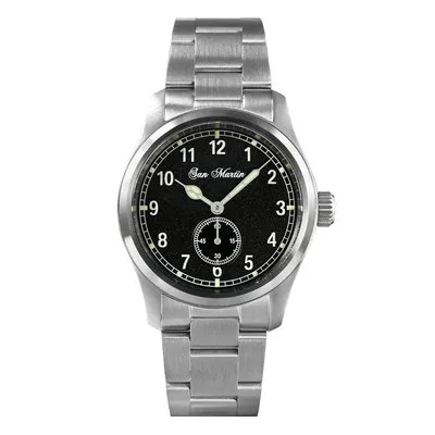 San Martin SN034-G-SY 37mm quartz with textured black small-seconds dial on steel bracelet