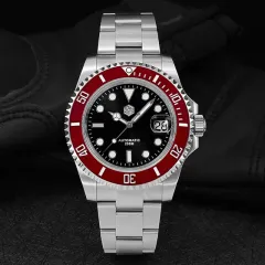 San Martin SN019-G with black dial and red ceramic bezel on steel bracelet
