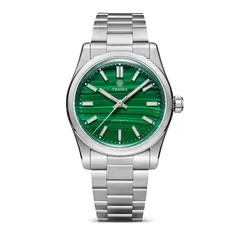 Traska Commuter 36 with malachite stone dial, front view