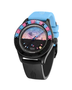 Undone x hololive Party2Gether Fuwawa with black-coated Basecamp case and blue, pink and black half-and-half dial on a black and light blue strap