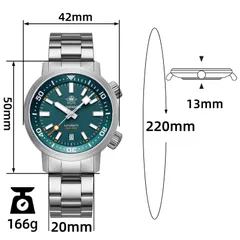 Addiesdive AD2541 dimension graphic (42mm, 50mm lug-to-lug, 13mm, 20mm, 220mm, 166g)