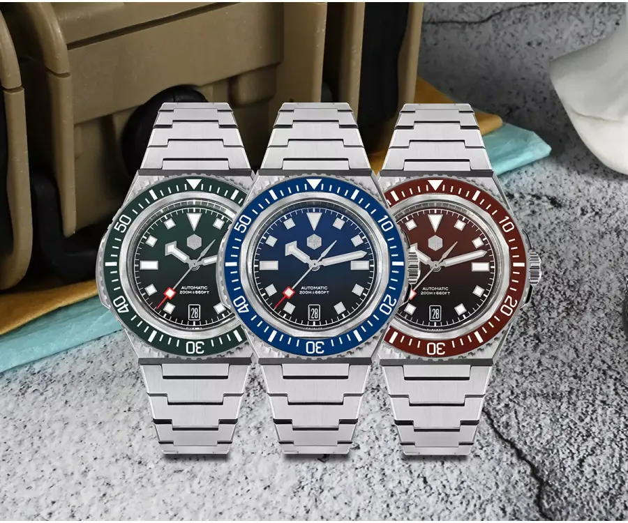 San Martin SN0146-G 41mm divers in gradient green, blue and brown with matching ceramic bezels