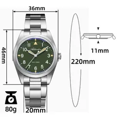 Addiesdive AD2502 dimension graphic (36mm, 46mm lug-to-lug, 11mm, 20mm, 220mm, 80g)