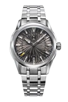 Zelos Helica Slate Grey (2025), gunmetal feather guilloché dial, on faceted steel bracelet