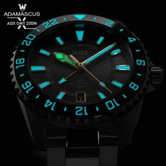 Wise Adamascus ADX GMT lume shot (blue-green markers and bezel scale, green hour hand)