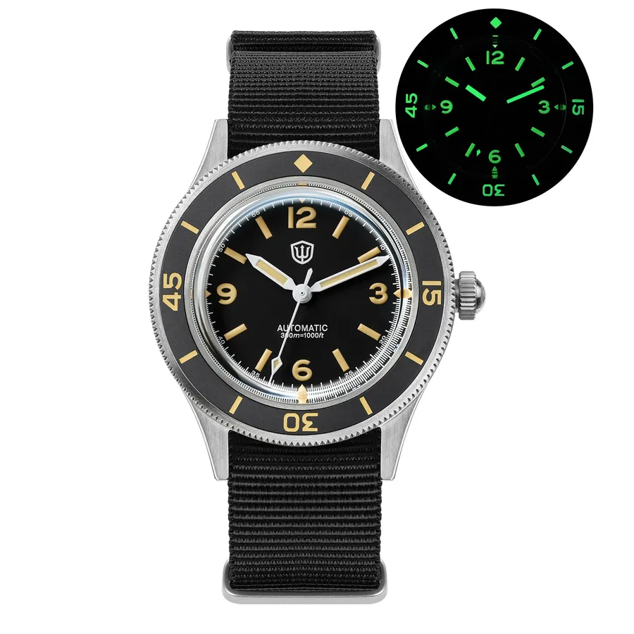 Watchdives WD50FS V3 with black dial and vintage C3 lume on a black nylon strap, with lume shot