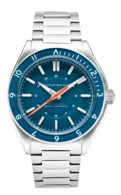 Astor+Banks Sea Ranger B, blue dial and blue 12-hour bezel, on steel bracelet