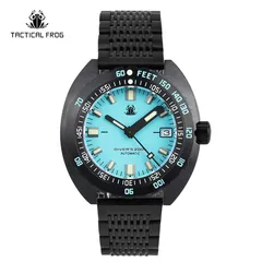 Tactical Frog Sub 300T V2 with coral blue dial and black PVD case on black mesh bracelet