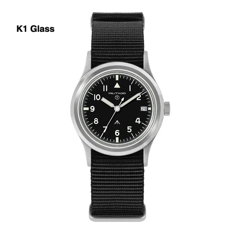 Militado ML14 V2 (Ronda 515) with black dial and date window at 3 on black nylon strap