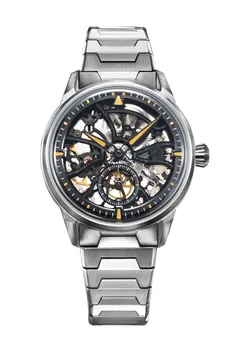 Zelos Skyraider 40 Skeleton Ti Supernova, skeletonised movement with orange-lumed hands and indices, on titanium bracelet