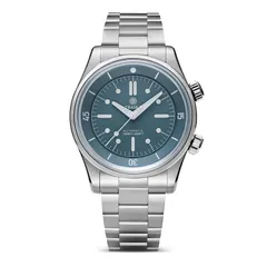 Traska Seafarer, steel blue lacquered dial, on bracelet, front view