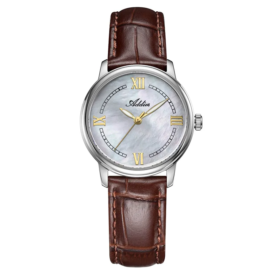 Addies AW25906 with mother-of-pearl dial, gold Roman numerals and brown leather strap