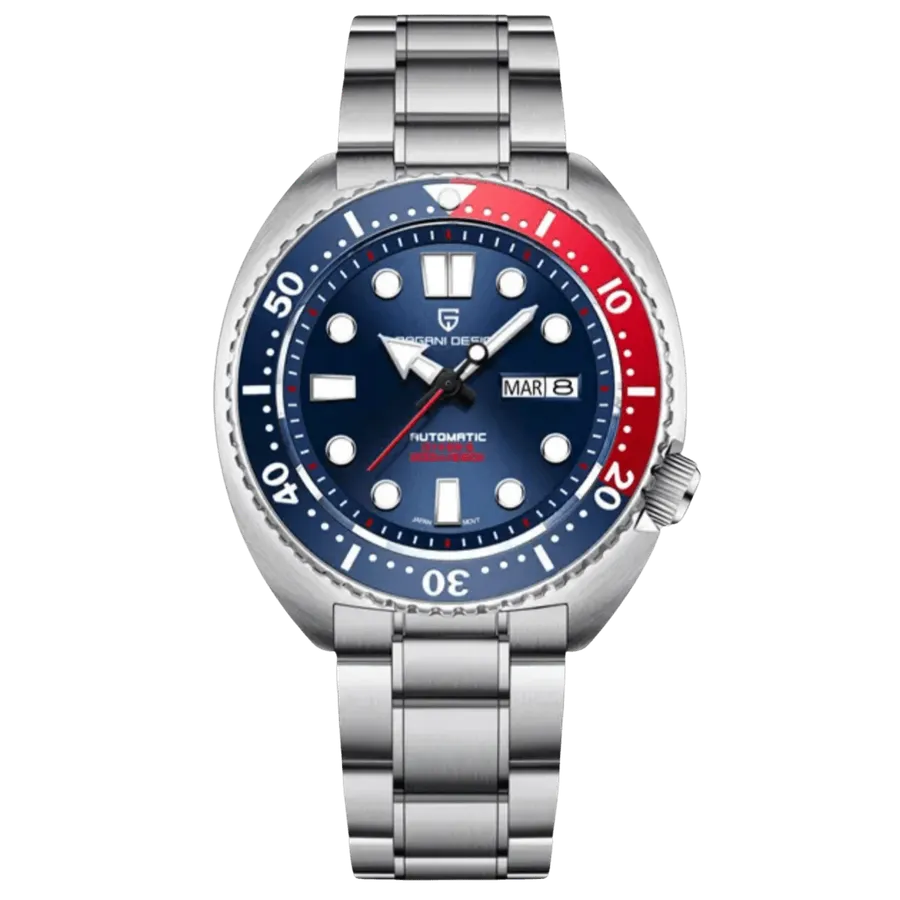 Pagani Design PD-1696 Turtle-style diver with blue dial, blue and red bezel and day-date window on steel bracelet