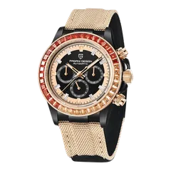 Pagani Design PD-1732 with rose-gold-tone stone-set bezel and pushers, black dial, on beige strap