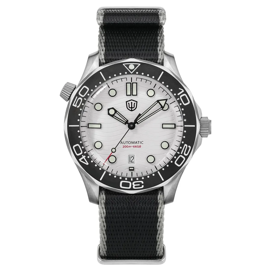 Watchdives WD007 Top Hat with white wave dial and black bezel on nylon strap