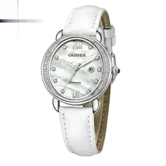Cadisen C6102 with white pearlescent dial and stone-set bezel on a white leather strap
