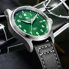 Addiesdive H2 with green dial on a black leather strap