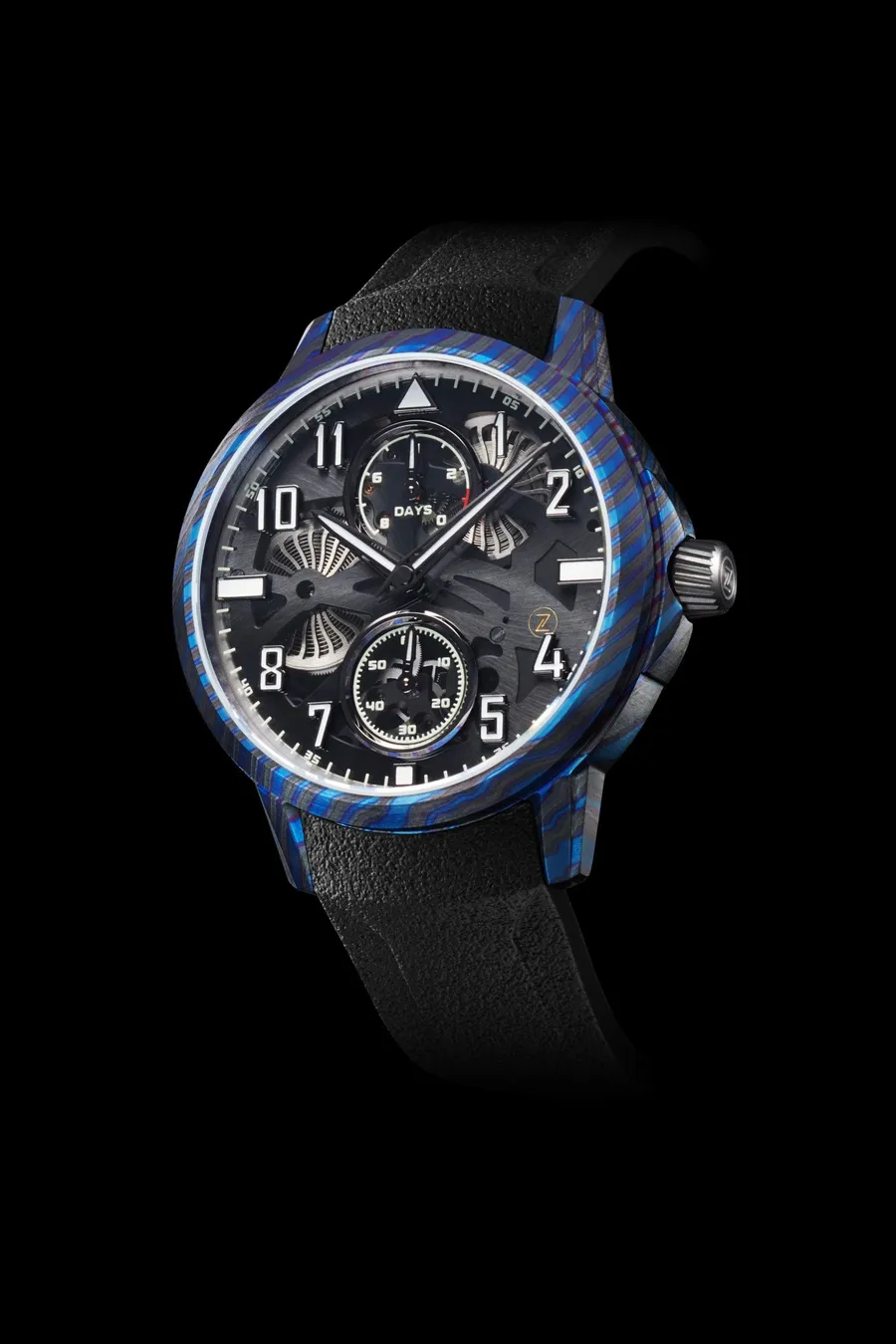 Zelos Mirage 8 Days in blue Zirc/Ti Damascus, skeletonised 8-day movement under a clear sapphire dial, on black rubber strap