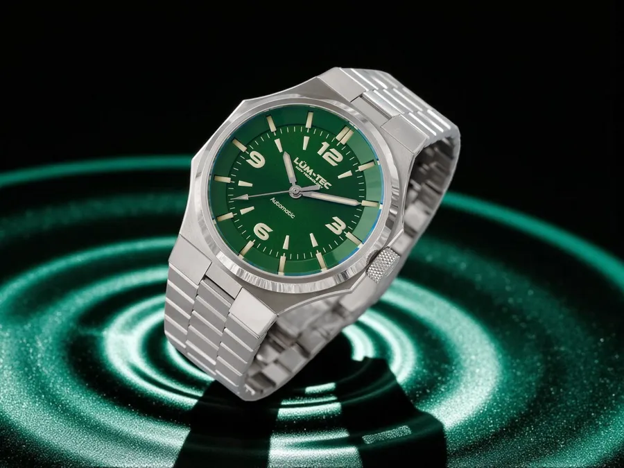 Lüm-Tec Eclipse E6 with green sunburst dial on its integrated steel bracelet