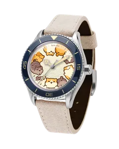 Undone Basecamp Daruma Monday Blues with cream dial of cats and navy bezel on a light strap