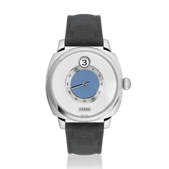 Fears Brunswick 40.5 Jump Hour China Blue with barleycorn silver dial and blue centre on a grey Alcantara strap