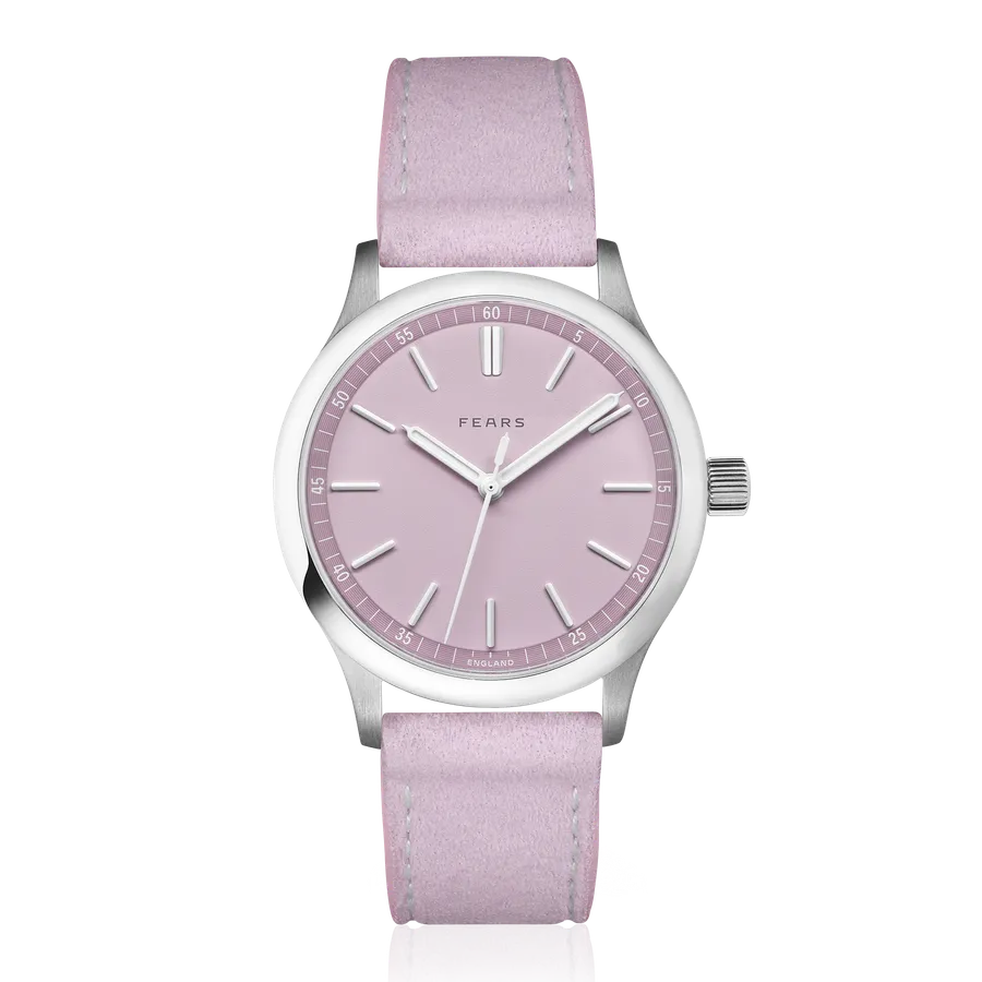 Fears Redcliff 39.5 Pale Lilac with matte lilac dial on a lilac Alcantara strap