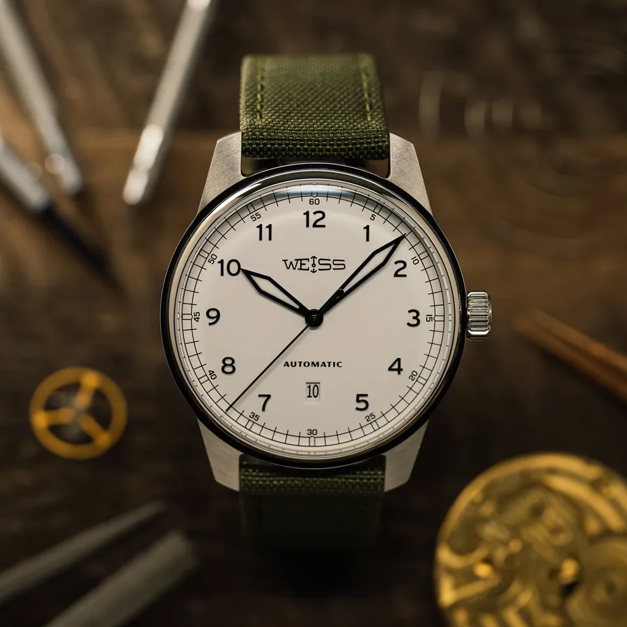 Weiss Automatic Standard Issue Field 42mm, white dial, on olive canvas strap