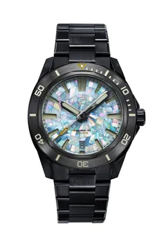 Zelos Swordfish 40mm SS DLC Lagoon, black DLC case and bracelet, blue mosaic mother-of-pearl dial, ceramic bezel