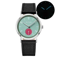 Militado ML27 with mint green dial and red small seconds on black leather strap