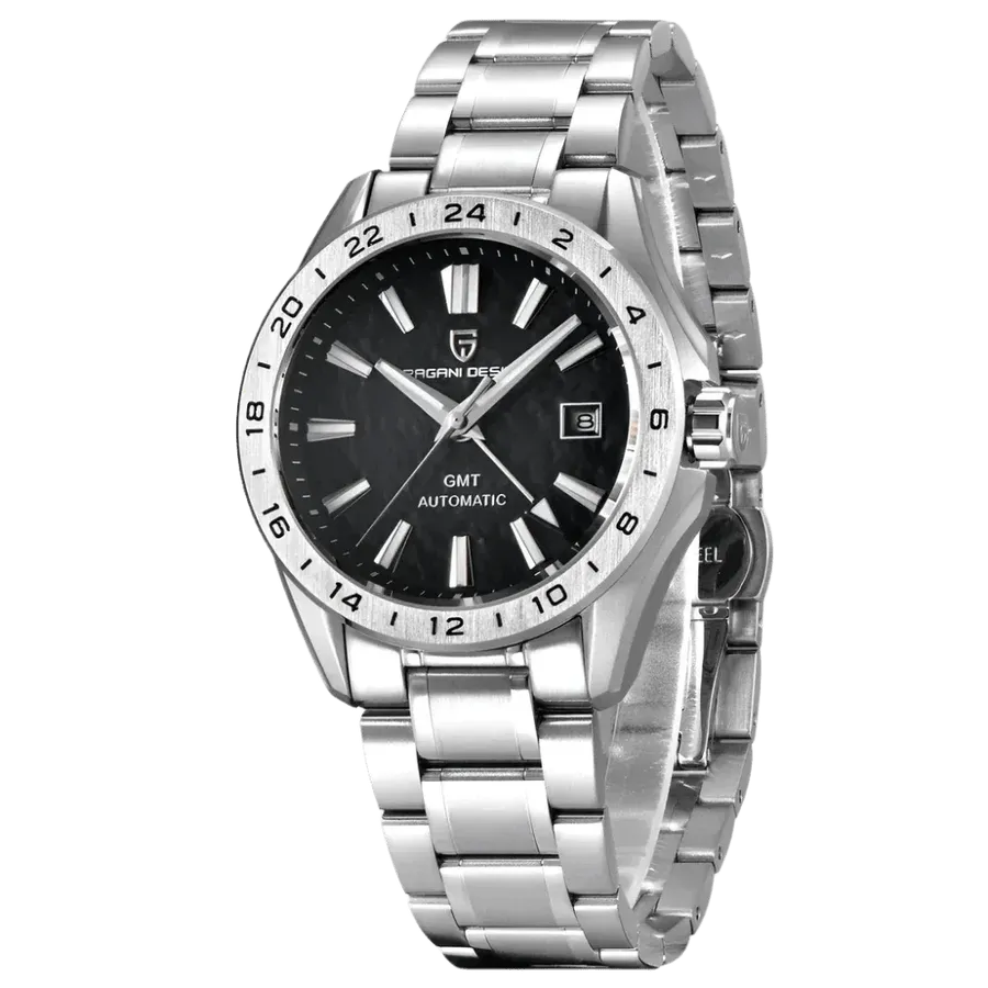 Pagani Design PD-1792 GMT with textured black dial and engraved 24-hour steel bezel on bracelet