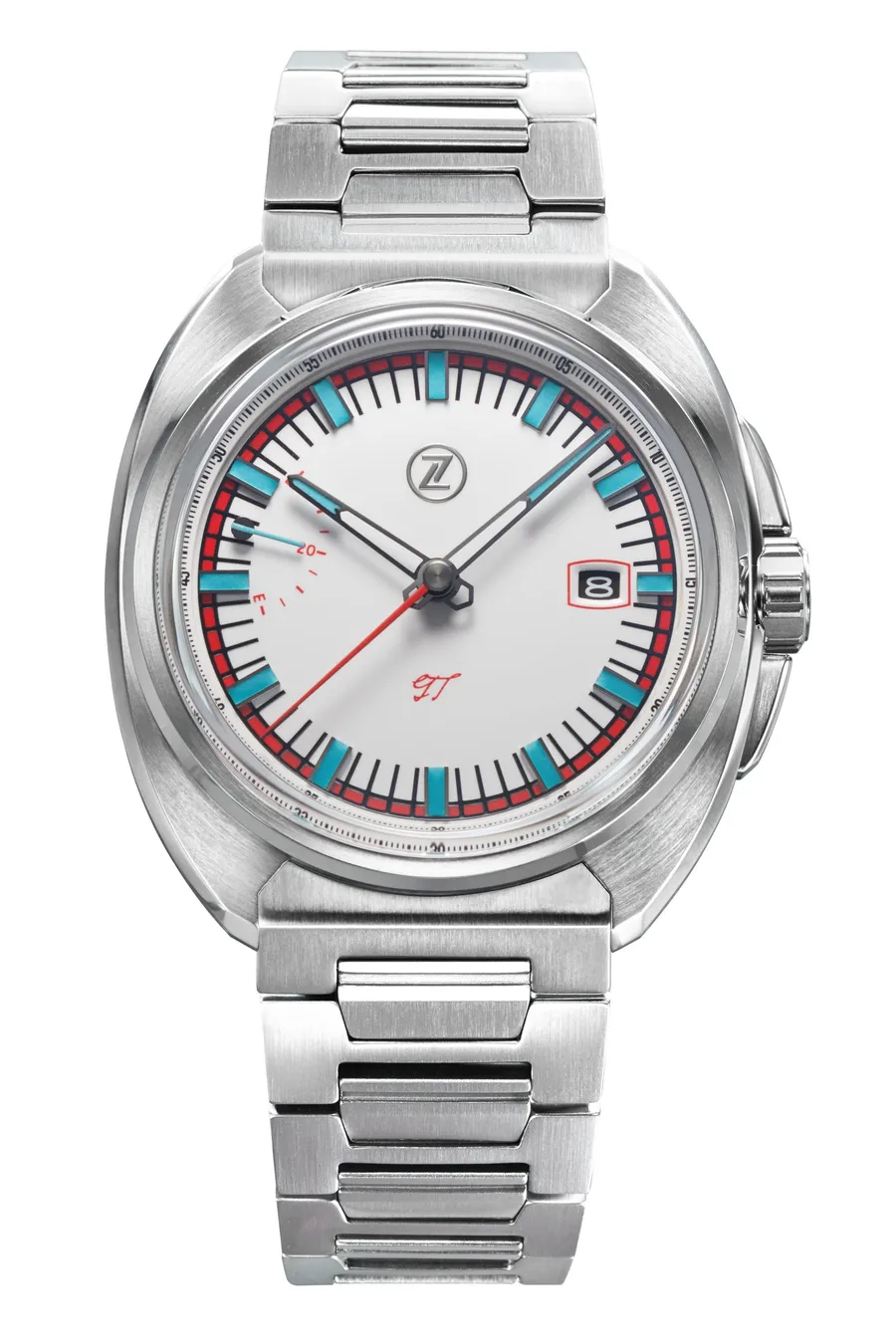 Zelos GT 42mm Azzurro, steel cushion case, white gloss dial with red and light blue accents, on steel bracelet