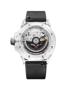 Undone Aquadeep K9 Crystal Black caseback showing the grey NH72 skeleton movement through the crystal case
