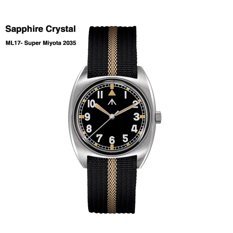Militado ML17 (Miyota 2035, Sapphire) W10-style field watch with vintage black dial on black-khaki nylon strap (sapphire crystal)