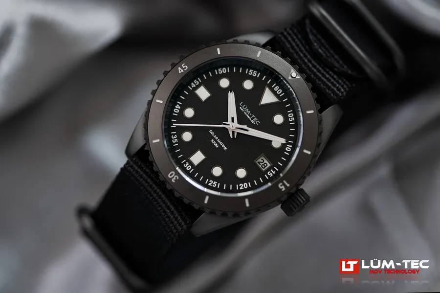 Lüm-Tec Solar Marine 6, black titanium carbide PVD case with black dial and bezel, on a black nylon strap