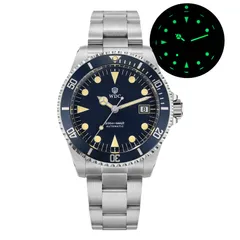 Watchdives WD5513P with blue dial, blue bezel and date at 3 on the 3-link bracelet, with lume shot