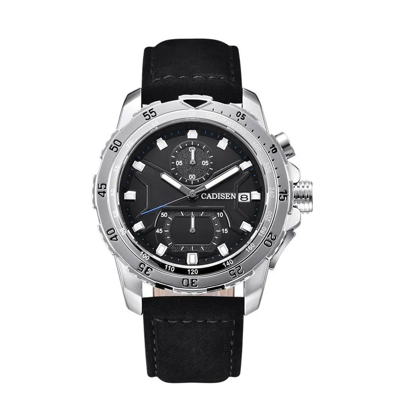 Cadisen C9061M quartz chronograph with black dial, two subdials, date at 3 and a numbered bezel in a silver-tone case on a black leather strap
