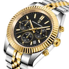 Pagani Design PD-1814 black dial close-up, chronograph minutes at 9, chronograph seconds at 6, 24-hour indicator at 3 and date at 4:30