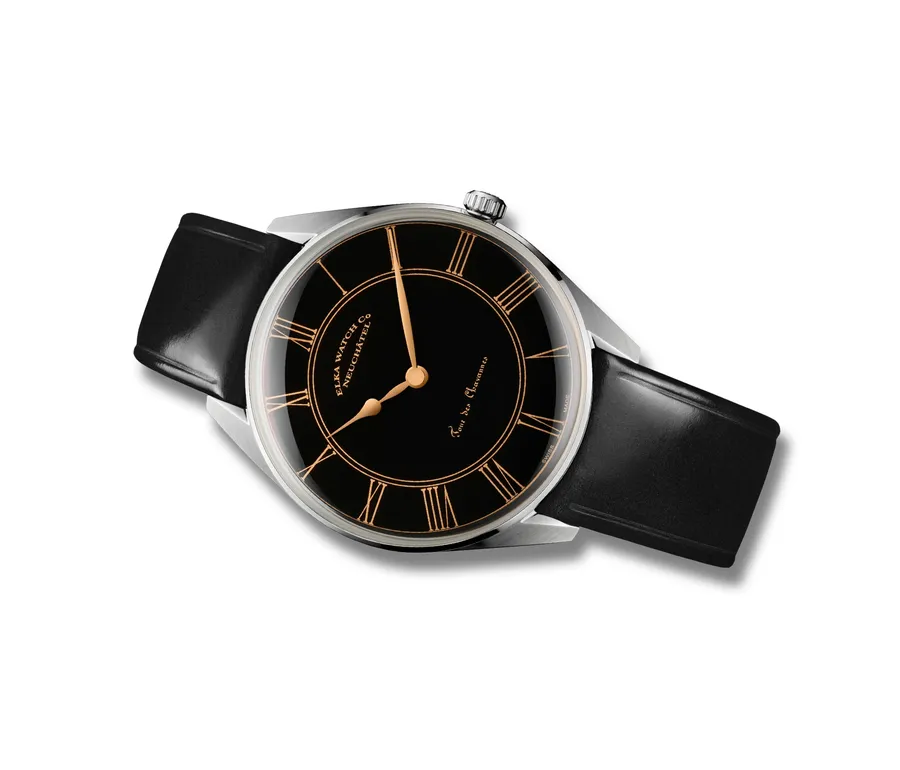 ELKA R01wo "1736 Edition", black dial with rose-gold Roman numerals and hours and minutes hands, on black leather