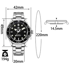 Addiesdive AD2106 dimension graphic, BGW9 version (42mm, 49mm lug-to-lug, 14.5mm, 20mm, 220mm, 194g)