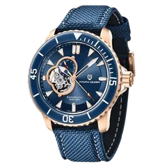 Pagani Design PD-1674 with rose-gold-tone case, blue dial and blue bezel on blue nylon strap