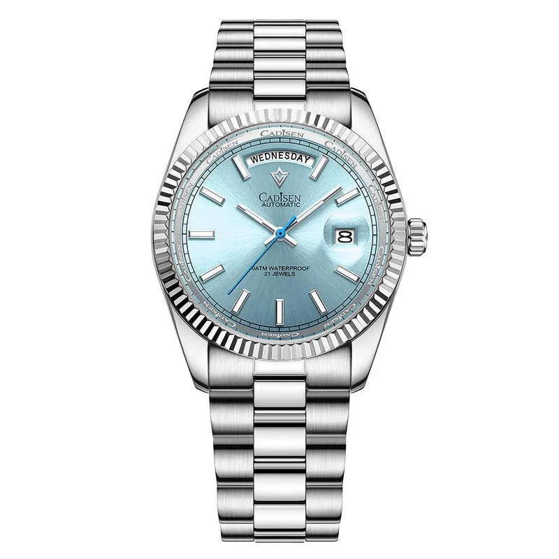 Cadisen C8215 Day-Date-style automatic with ice blue dial, day window at 12, date at 3 and fluted bezel on a president-style bracelet